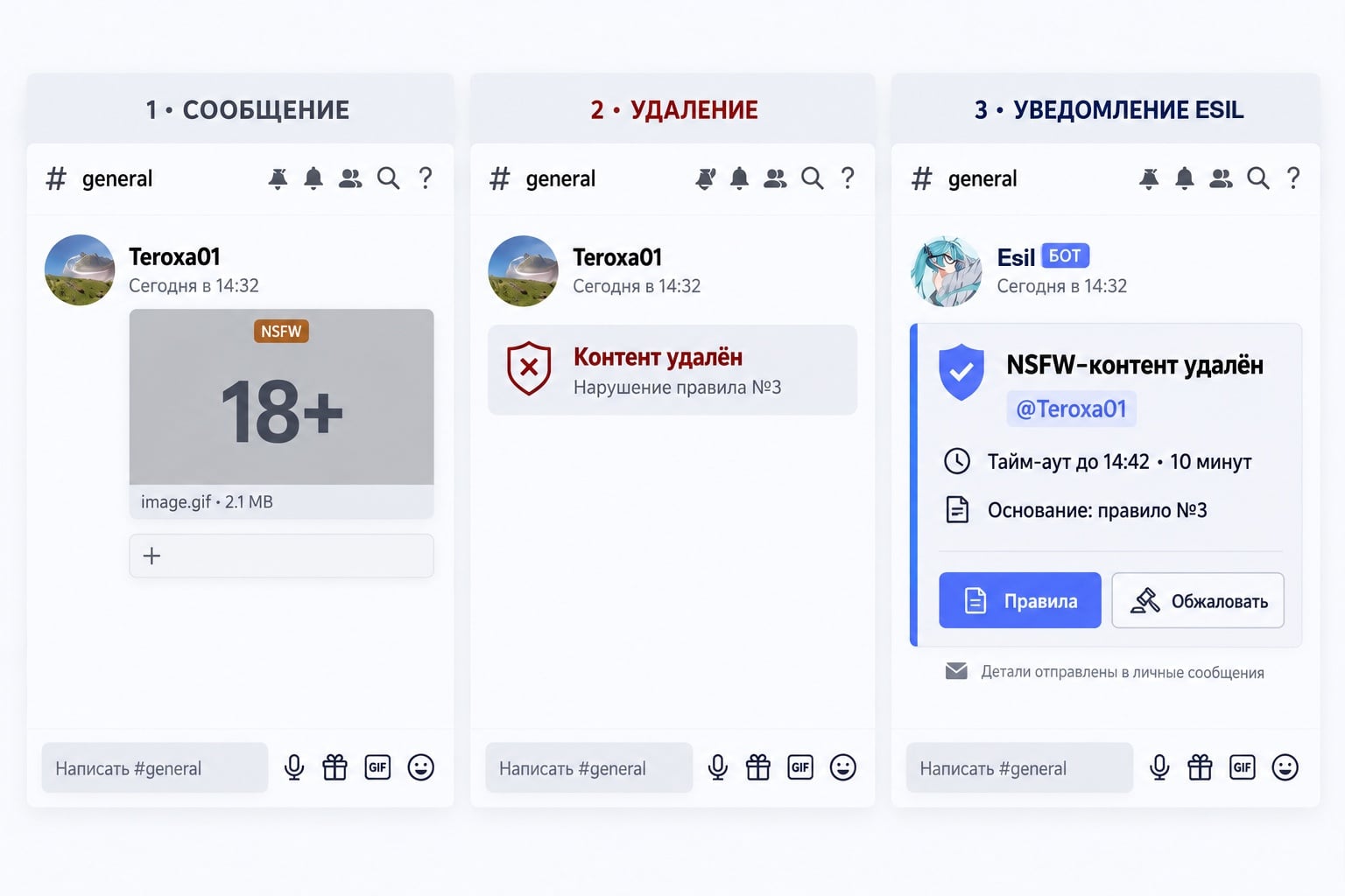 Оригинальный пример модерации Esil: нарушение, удаление и уведомление о тайм-ауте